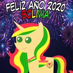 Size: 960x960 | Tagged: safe, artist:archooves, derpibooru import, oc, oc:kantuta (miski' hooves), ponified, unofficial characters only, alicorn, pony, 2020, alicorn oc, bolivia, female, fireworks, happy new year, holiday, horn, mare, nation ponies, pointy ponies, smiling, solo, spanish, wings