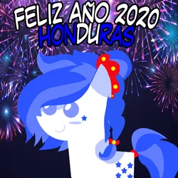 Size: 960x960 | Tagged: safe, artist:archooves, derpibooru import, oc, oc:honduras, ponified, unofficial characters only, earth pony, pony, 2020, female, fireworks, happy new year, holiday, honduras, mare, nation ponies, pointy ponies, smiling, solo, spanish