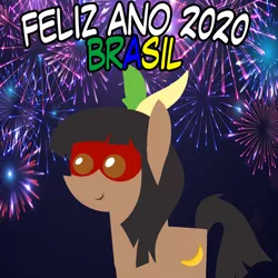 Size: 960x960 | Tagged: safe, artist:archooves, derpibooru import, oc, oc:kuruminha, ponified, unofficial characters only, earth pony, pony, 2020, brazil, female, fireworks, happy new year, holiday, indigenous brazilian, mare, nation ponies, pointy ponies, smiling, solo, spanish