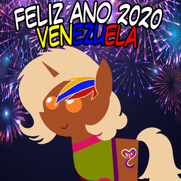 Size: 960x960 | Tagged: safe, artist:archooves, derpibooru import, oc, oc:nucita, ponified, unofficial characters only, pony, unicorn, 2020, female, fireworks, happy new year, holiday, mare, nation ponies, pointy ponies, smiling, solo, spanish, venezuela