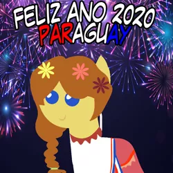 Size: 960x960 | Tagged: safe, artist:archooves, derpibooru import, oc, ponified, unofficial characters only, earth pony, pony, 2020, clothes, female, fireworks, flower, flower in hair, happy new year, holiday, mare, nation ponies, paraguay, pointy ponies, smiling, solo, spanish