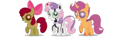 Size: 10000x3000 | Tagged: safe, artist:squipycheetah, derpibooru import, apple bloom, scootaloo, sweetie belle, changedling, changeling, changepony, earth pony, hybrid, pegasus, pony, robot, robot pony, undead, unicorn, zombie, zombie pony, fanfic:undead robot bug crusaders, story of the blanks, alternate cutie mark, blanked apple bloom, changedlingified, changelingified, cute, cutie mark, cutie mark crusaders, female, filly, happy, race swap, raised hoof, scootaling, simple background, smiling, species swap, sweetie bot, the cmc's cutie marks, transparent background, trio
