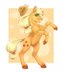 Size: 2600x3000 | Tagged: safe, artist:mittz-the-trash-lord, artist:theanthropony, derpibooru import, applejack, earth pony, pony, abstract background, apple, colored pupils, cute, female, food, high res, jackabetes, looking at you, mare, open mouth, profile, rearing, redraw, solo, unshorn fetlocks