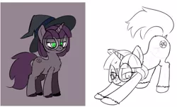 Size: 1299x787 | Tagged: safe, artist:anonymous, derpibooru import, oc, pony, unicorn, /mlp/, 4chan, drawthread, face down ass up, flagging, glasses, hat, iwtcird, lineart, meme, sketch, solo, structure lines, unshorn fetlocks, witch hat