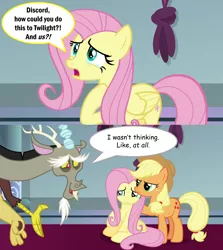 Size: 2000x2246 | Tagged: safe, derpibooru import, edit, edited screencap, screencap, applejack, discord, fluttershy, draconequus, earth pony, pegasus, pony, the ending of the end, caption, comic, comic sans, crying, discord drama, discord tries to defend himself, drama, exploitable meme, image macro, meme, screencap comic, sitting, speech bubble, text, what an idiot