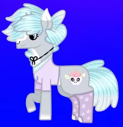 Size: 1080x1116 | Tagged: safe, artist:lightningbolt39, derpibooru import, oc, oc:puffy frosting, unofficial characters only, pony, unicorn, blue background, clothes, clothes swap, female, mare, nose piercing, nose ring, piercing, raised hoof, shirt, simple background, socks, solo, t-shirt