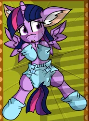 Size: 1918x2597 | Tagged: suggestive, artist:cuddlelamb, derpibooru import, twilight sparkle, twilight sparkle (alicorn), alicorn, pony, adult foal, big ears, blushing, booties, cheek fluff, chest fluff, clothes, crib, cute, diaper, diaper fetish, ear fluff, female, fetish, floppy ears, mare, mittens, neck fluff, on back, open mouth, solo, spread wings, twiabetes, wings