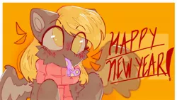 Size: 3000x1688 | Tagged: safe, artist:dino_horse, deleted from derpibooru, derpibooru import, derpy hooves, pegasus, pony, blushing, bust, cheek fluff, chest fluff, clothes, cute, derpabetes, eye clipping through hair, female, happy new year, holiday, mare, new year, no pupils, orange background, party horn, portrait, scarf, simple background, solo