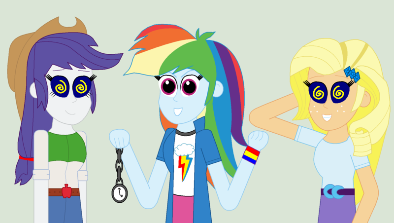 Size: 1966x1112 | Tagged: safe, artist:eli-j-brony, derpibooru import, applejack, rainbow dash, rarity, equestria girls, clothes swap, hair swap, hypnosis