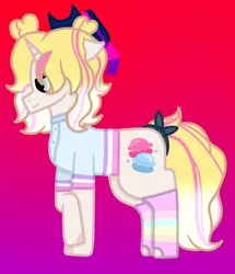 Size: 1016x1184 | Tagged: safe, artist:lightningbolt39, derpibooru import, oc, oc:soda frosting, unofficial characters only, pony, unicorn, bow, clothes, cowboy hat, female, freckles, gradient background, hat, mare, rainbow socks, raised hoof, shirt, socks, solo, striped socks, tail bow