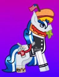 Size: 928x1208 | Tagged: safe, artist:lightningbolt39, derpibooru import, oc, oc:balmoral, unofficial characters only, pony, unicorn, :o, american flag, bag, burger, clothes, clothes swap, converse, flag, food, gradient background, hat, jersey, ketchup, lettuce, mustard, open mouth, sauce, scotland, shoes, socks, soda, solo, tomato