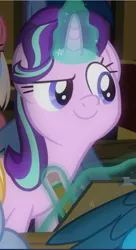 Size: 511x942 | Tagged: safe, derpibooru import, screencap, starlight glimmer, pony, unicorn, a horse shoe-in, clipboard, cropped, cute, female, glimmerbetes, glowing horn, hair flip, horn, levitation, looking at someone, magic, magic aura, mare, offscreen character, pencil, raised eyebrow, smiling, smirk, smug, smuglight glimmer, solo focus, telekinesis
