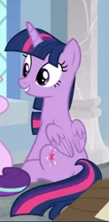 Size: 345x703 | Tagged: safe, derpibooru import, screencap, twilight sparkle, twilight sparkle (alicorn), alicorn, pony, a horse shoe-in, cropped, cute, looking at someone, offscreen character, sitting, smiling, solo, twiabetes