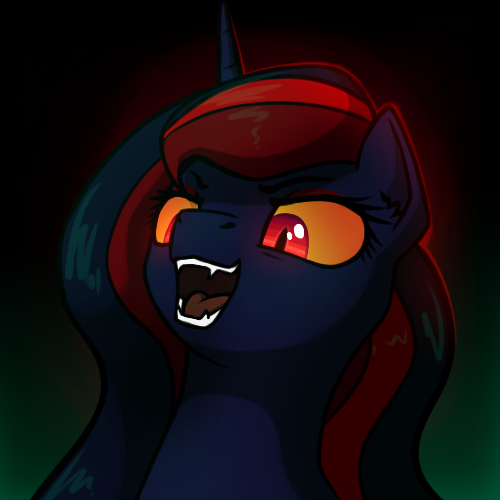 Size: 500x500 | Tagged: safe, artist:dipfanken, derpibooru import, oc, oc:blood moon, unofficial characters only, alicorn, pony, fallout equestria, fanfic, game: fallout equestria: remains, artificial alicorn, boss battle, bust, cute, cute little fangs, fanfic art, fangs, female, gradient background, horn, mare, open mouth, portrait, red eyes, slit eyes, solo, video game, video game boss