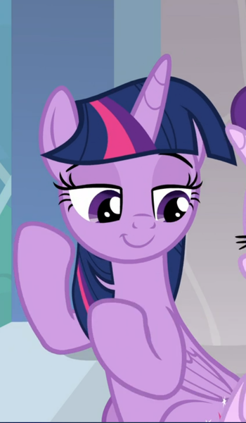Size: 547x939 | Tagged: safe, derpibooru import, screencap, starlight glimmer, twilight sparkle, twilight sparkle (alicorn), alicorn, pony, unicorn, a horse shoe-in, cropped, cute, female, lidded eyes, mare, offscreen character, smiling, smirk, smug, smuglight sparkle, solo focus, twiabetes
