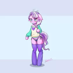 Size: 2558x2558 | Tagged: suggestive, artist:54600, derpibooru import, edit, diamond tiara, anthro, earth pony, unguligrade anthro, adorasexy, arm hooves, blushing, breasts, clothes, cropped, cute, delicious flat chest, female, floppy ears, looking at you, mare, older, older diamond tiara, panties, purple underwear, sexy, side knot midriff, socks, solo, stockings, thigh highs, thong, underwear