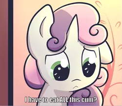 Size: 573x500 | Tagged: suggestive, artist:spikedmauler, derpibooru import, edit, sweetie belle, pony, caption, dialogue, image macro, implied foalcon, solo, text