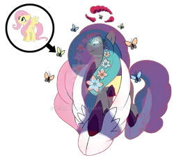 Size: 1600x1454 | Tagged: safe, artist:bearmation, derpibooru import, fluttershy, butterfly, pegasus, pony, cloven hooves, crossover, dynamax, flower, gigantamax, glowing eyes, macro, pokemon sword and shield, pokémon, simple background, solo, transparent background, watermark