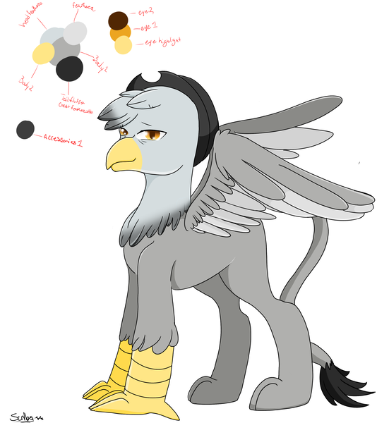 Size: 2945x3204 | Tagged: safe, artist:scribs, derpibooru import, oc, oc:gunny, unofficial characters only, gryphon, commission, fallout equestria:the price we pay, hat, reference sheet