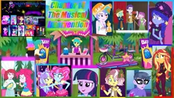 Size: 1267x713 | Tagged: safe, derpibooru import, edit, edited screencap, screencap, adagio dazzle, aria blaze, chief, dakota verde, dirk thistleweed, kiwi lollipop, microchips, pinkie pie, puffed pastry, snails, snips, sonata dusk, space camp (character), summer solstice (character), sunset shimmer, supernova zap, twilight sparkle, vignette valencia, violet wisteria, fanfic, equestria girls, equestria girls series, five lines you need to stand in, inclement leather, sunset's backstage pass!, the road less scheduled, the road less scheduled: microchips, spoiler:choose your own ending (season 2), spoiler:eqg series (season 2), clothes, cute, fanfic art, fanfic cover, food, happy, hat, inclement leather: vignette valencia, k-lo, mc dex fx, mustard, phone, postcrush, sauce, su-z, the dazzlings