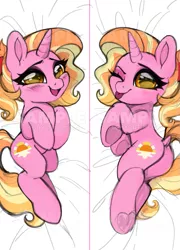 Size: 539x747 | Tagged: safe, artist:techycutie, derpibooru import, luster dawn, pony, unicorn, the last problem, bedroom eyes, blushing, body pillow, body pillow design, butt, cute, dakimakura cover, luster donk, lusterbetes, lying down, obtrusive watermark, one eye closed, plot, ponytail, tongue out, watermark, wink