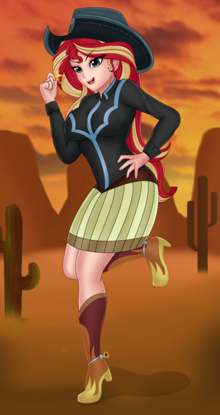 Size: 1276x2410 | Tagged: safe, artist:anonix123, derpibooru import, sunset shimmer, equestria girls, beautiful, boots, cactus, clothes, cowboy boots, cowboy hat, cowgirl, cute, female, hat, high heel boots, remake, shimmerbetes, shoes, skirt, spurs, stetson, woman