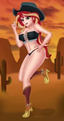 Size: 1276x2410 | Tagged: suggestive, alternate version, artist:anonix123, derpibooru import, sunset shimmer, equestria girls, black underwear, boots, breasts, busty sunset shimmer, cleavage, clothes, cowboy boots, cowboy hat, cowgirl, female, hat, legs, panties, sexy, shoes, solo, solo female, spurs, stetson, stupid sexy sunset shimmer, thighs, underwear