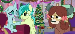 Size: 610x281 | Tagged: safe, derpibooru import, edit, edited screencap, screencap, gallus, ocellus, sandbar, smolder, yona, changeling, earth pony, pony, yak, the hearth's warming club, blushing, christmas, christmas tree, couch, cropped, embarrassed, female, frown, glowing heart, grin, hearth's warming eve, holiday, hoof on waist, implied yonabar, looking back, male, monkey swings, nervous, nervous grin, ocelbar, offscreen character, ornaments, shipping, singing, sitting, smiling, straight, tree, trio focus, twilight's cutie mark, unamused, wreath, yona is not amused