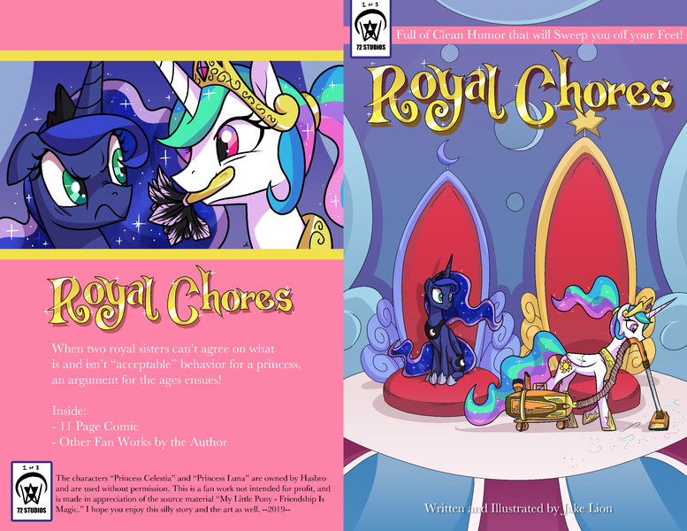 Size: 2652x2048 | Tagged: safe, artist:docwario, derpibooru import, princess celestia, princess luna, alicorn, pony, comic:royal chores, alternate hairstyle, digital art, duo, duster, female, mare, mouth hold, ponytail, royal sisters, vacuum cleaner