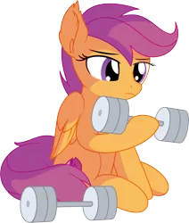 Size: 6035x7123 | Tagged: safe, artist:cyanlightning, derpibooru import, scootaloo, pegasus, pony, .svg available, absurd resolution, chest fluff, dumbbell (object), ear fluff, exercise, female, filly, lidded eyes, simple background, sitting, smiling, solo, sweat, transparent background, vector