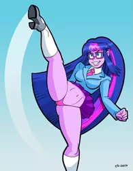 Size: 779x1000 | Tagged: suggestive, artist:curtsibling, derpibooru import, sci-twi, twilight sparkle, equestria girls, bare legs, belly button, breasts, busty twilight sparkle, clothes, commission, confident, evil grin, female, glasses, gradient background, grin, high heels, high kick, kickboxing, kicking, long hair, miniskirt, necktie, panties, pleated skirt, shoes, simple background, skirt, skirt lift, smiling, socks, solo, solo female, thighs, thong, underwear, upskirt