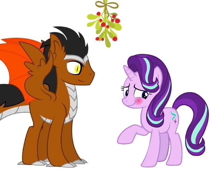 Size: 1023x811 | Tagged: safe, derpibooru import, edit, starlight glimmer, oc, oc:draco k-night blaze, dracony, dragon, hybrid, pony, unicorn, blushing, canon x oc, christmas, holiday, meme, mistleholly, mistletoe, otp, simple background, starlaco, white background