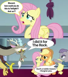 Size: 978x1098 | Tagged: safe, derpibooru import, edit, edited screencap, screencap, applejack, discord, fluttershy, maud pie, draconequus, earth pony, pegasus, pony, the ending of the end, applejack is not amused, applejack's hat, beard, canterlot throne room, caption, comforting, comic, cowboy hat, crying, discord tries to defend himself, dwayne johnson, exploitable meme, eyebrows, facial hair, female, forgiveness, glare, grin, hat, image macro, male, mare, meme, nervous, nervous grin, pun, rikishi, rock, screencap comic, sitting, smiling, speech bubble, sports, teary eyes, text, that pony sure does love rocks, the rock, unamused, wrestling, wwf