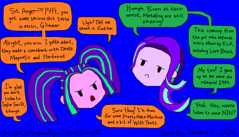 Size: 2236x1280 | Tagged: safe, artist:discipleofandrewryan, derpibooru import, aria blaze, starlight glimmer, equestria girls, mirror magic, rainbow rocks, spoiler:eqg specials, 1000 hours in ms paint, blue background, conversation, crude drawing, disembodied head, emerson lake and palmer, metallica, ms paint, needs more saturation, nine inch nails, simple background, speech bubble, stylistic suck, talking, talking to each other, taylor swift, vulgar