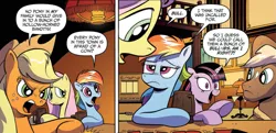 Size: 937x454 | Tagged: safe, artist:andypriceart, derpibooru import, idw, applejack, fluttershy, rainbow dash, sheriff tumbleweed, twilight sparkle, twilight sparkle (alicorn), alicorn, earth pony, pegasus, pony, spoiler:comic, spoiler:comic25, applejack's hat, comic, cowboy hat, cropped, female, hat, lamp, male, mare, official comic, pun, speech bubble, stallion, star (coat marking)