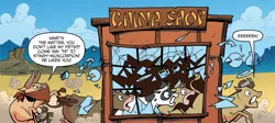 Size: 937x418 | Tagged: artist:andypriceart, broken glass, bull, china shop, cow, cropped, derpibooru import, doc holstein, female, goat, idw, male, official comic, pun, safe, scorpion, speech bubble, spoiler:comic, spoiler:comic25, stampede, udder, visual pun