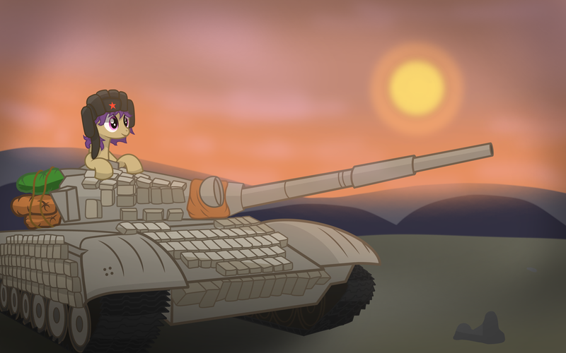 Size: 4000x2500 | Tagged: safe, artist:pizzamovies, derpibooru import, oc, oc:tenk pone, unofficial characters only, earth pony, pony, cannon, clothes, cloud, female, hat, mare, setting sun, show accurate, solo, t-72, tank (vehicle)