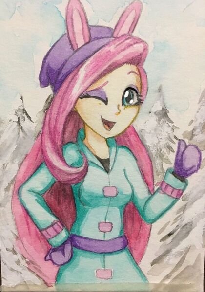 Size: 768x1098 | Tagged: safe, artist:astevenamedwolf, derpibooru import, fluttershy, equestria girls, equestria girls series, holidays unwrapped, spoiler:eqg series (season 2), clothes, cute, female, one eye closed, shyabetes, solo, traditional art, winter, winter outfit