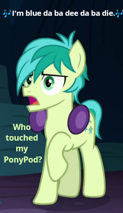 Size: 242x418 | Tagged: safe, derpibooru import, edit, edited screencap, screencap, sandbar, earth pony, pony, uprooted, blue (da ba dee), bluetooth, cropped, earmuffs, eiffel 65, headphones, hooves, ipod, male, meme, music notes, raised hoof, solo, song reference