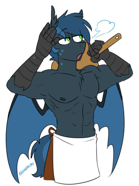 Size: 748x997 | Tagged: abs, anthro, apron, armpits, artist:redxbacon, bat wings, catbathorse, clothes, derpibooru import, hippogriff, male, muscles, muscular male, oc, oc:bandit, oc:nachtadler, partial nudity, pizza paddle, safe, signature, simple background, solo, sweat, talons, topless, unofficial characters only, wings, wiping brow