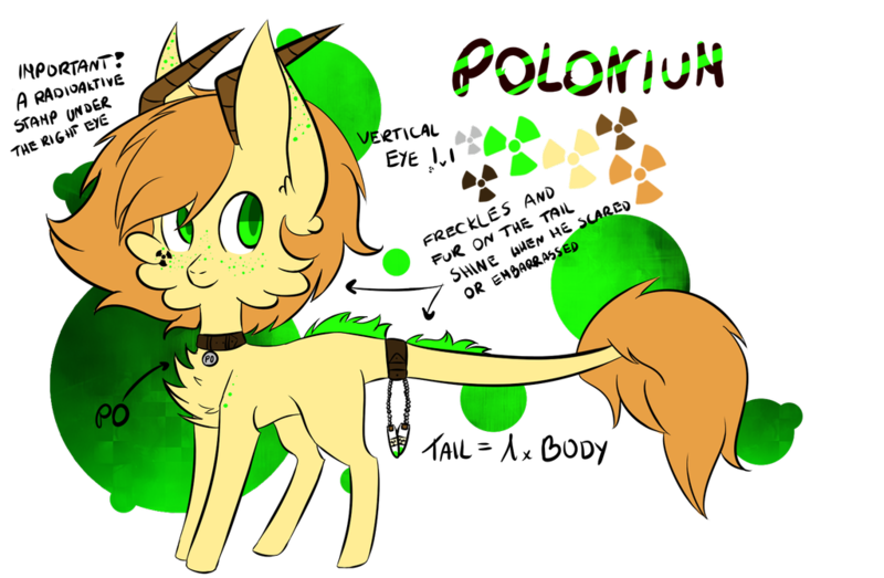 Size: 1024x669 | Tagged: safe, artist:silveer-moon, derpibooru import, oc, oc:polonium, ponified, unofficial characters only, object pony, original species, pony, cheek fluff, chest fluff, collar, cute, ear fluff, element pony, freckles, horn, leonine tail, male, ocbetes, polonium, radiation, radioactive, reference sheet, simple background, stallion, transparent background