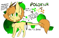 Size: 1024x669 | Tagged: safe, artist:silveer-moon, derpibooru import, oc, oc:polonium, ponified, unofficial characters only, object pony, original species, pony, cheek fluff, chest fluff, collar, cute, ear fluff, element pony, freckles, horn, leonine tail, male, ocbetes, polonium, radiation, radioactive, reference sheet, simple background, stallion, transparent background