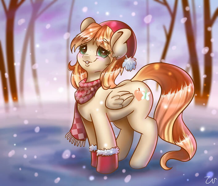 Size: 4724x4017 | Tagged: artist:pitchyy, booties, christmas, clothes, derpibooru import, hearth's warming, holiday, oc, oc:apricot drift, pegasus, safe, scarf, snow, snowfall, solo, tree, unofficial characters only, winter outfit