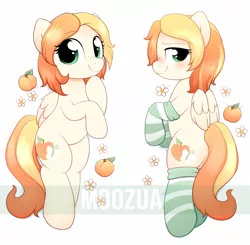 Size: 700x686 | Tagged: suggestive, artist:moozua, derpibooru import, oc, oc:apricot drift, unofficial characters only, pegasus, pony, apricot, blushing, body pillow, body pillow design, clothes, commission, dakimakura cover, freckles, socks, solo, stockings, striped socks, thigh highs, watermark