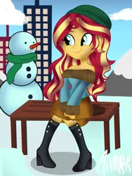 Size: 1536x2048 | Tagged: safe, artist:artmlpk, derpibooru import, sunset shimmer, equestria girls, alternate hairstyle, bare shoulders, bench, boots, city, cityscape, clothes, cloud, cute, female, heeled boots, high heel boots, looking back, mountain, off shoulder, off shoulder sweater, shimmerbetes, shoes, sitting, skirt, smiling, snow, snowman, solo, sweater, winter, winter outfit