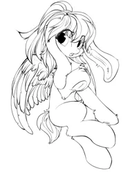 Size: 1200x1600 | Tagged: safe, artist:silver fox, derpibooru import, oc, unofficial characters only, pegasus, pony, bunny ears, detailed wing, ear fluff, fluffy, frog (hoof), lineart, looking at you, monochrome, open mouth, short tail, simple background, solo, underhoof, white background