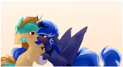 Size: 1884x1036 | Tagged: safe, artist:little-sketches, derpibooru import, princess luna, oc, oc:demi, oc:demiurgic theory, alicorn, pony, unicorn, blushing, canon x oc, chest fluff, cute, female, floppy ears, hoof hold, kissing, looking at each other, making out, male, mare, simple background, spread wings, stallion, straight, wingboner, wings, yellow background
