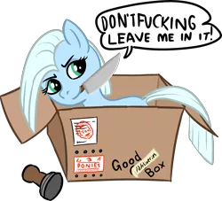 Size: 2592x2352 | Tagged: safe, artist:poniidesu, derpibooru import, oc, oc:tracy cage, unofficial characters only, earth pony, pony, (you), /mlp/, 4chan, box, cardboard box, cute, dock, drawthread, female, knife, mare, pony in a box, simple background, solo, stamp, swearing, text, transparent background, vulgar