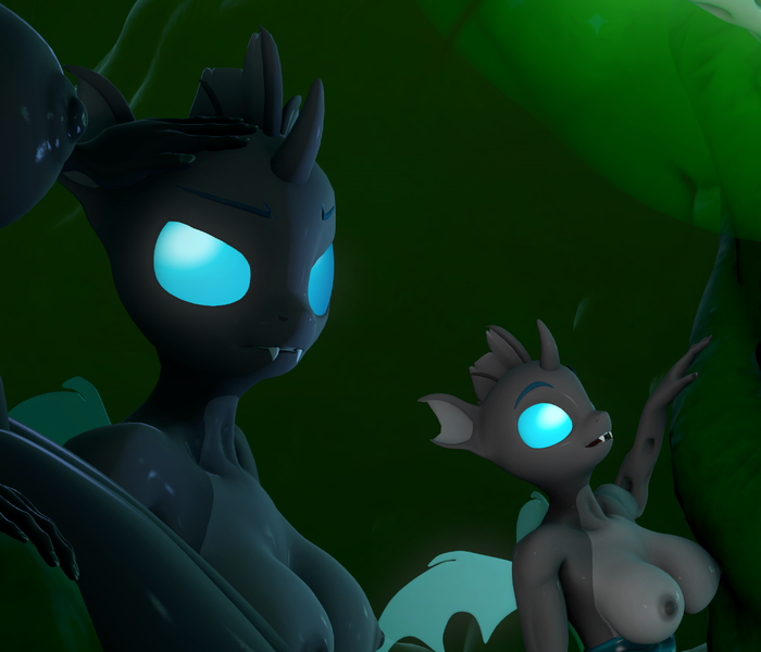 Size: 2240x1920 | Tagged: 3d, anthro, artist:dongly12, big breasts, breasts, busty changeling, changeling, derpibooru import, female, females only, nipples, nudity, queen chrysalis, questionable, source filmmaker