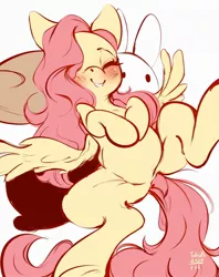 Size: 1618x2048 | Tagged: safe, artist:tohupo, derpibooru import, fluttershy, pegasus, pony, blushing, cute, eyes closed, female, hair over one eye, hooves to the chest, mare, on back, shyabetes, smiling, solo, spread legs, spread wings, spreading, wings